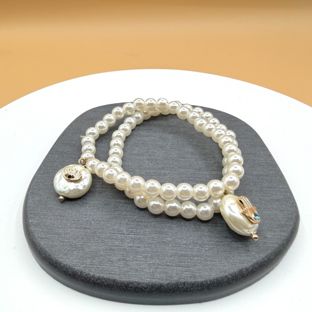 Faux Pearl Stretch Bracelet Set Evil Eye Hamsa Baroque Charm Gold Tone Jewelry